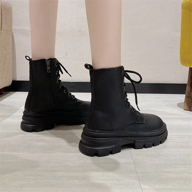 Women's Winter Ankle Boots Round Head 5.5cm Heel Zipper and Lace Round Head Platform 2021 New Fashion Women's Shoes Anti Slip