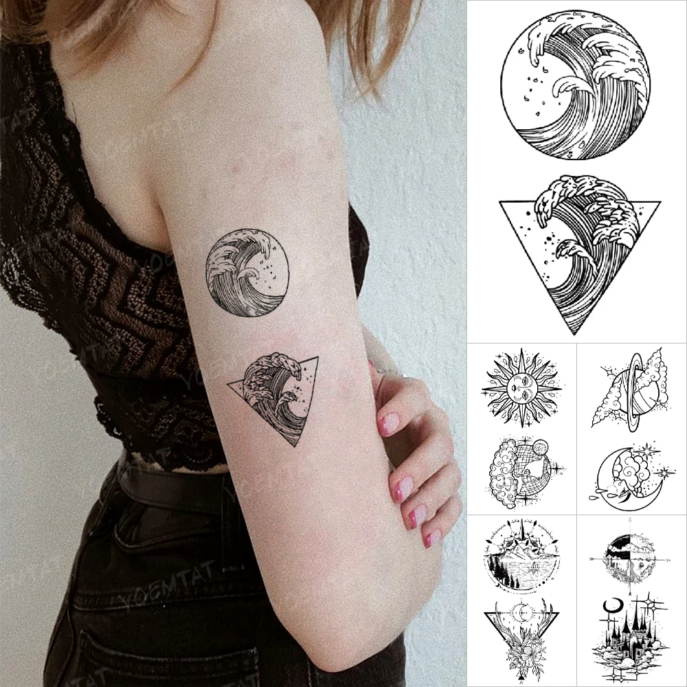 

Transfer Waterproof Temporary Tattoo Stickers Black Line Spray Geometric Sun Moon Flash Tattoo Women Men Arm Body Art Fake Tatto