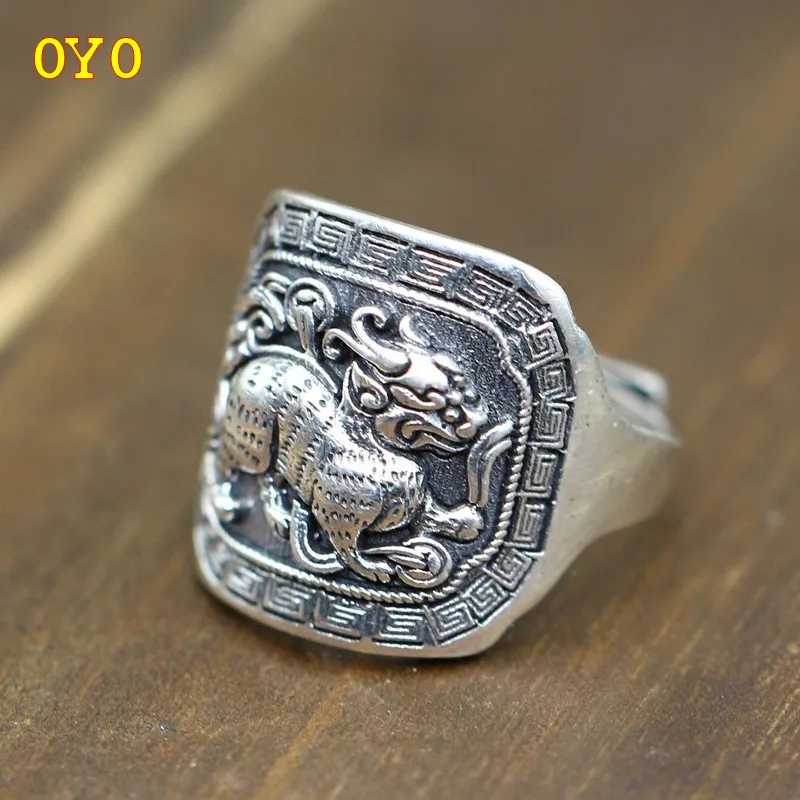 

100%925 silver personality domineering wide face men's ring retro embossed lucky wealth 925 sterling silver ring