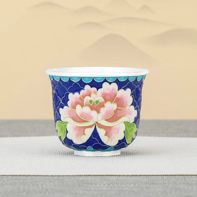 Sterling Silver 999 Tea Cup Handmade Cloisonne Peony Flower Chinese Retro Style Silver Small Tea Cup