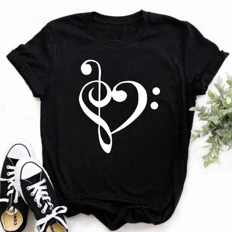 Maycaur Harajuku Women T Shirt Music Note Printed Tops Women New Black T-shirt Ladies Fashion Graphic Tees Female Tops T-shirts