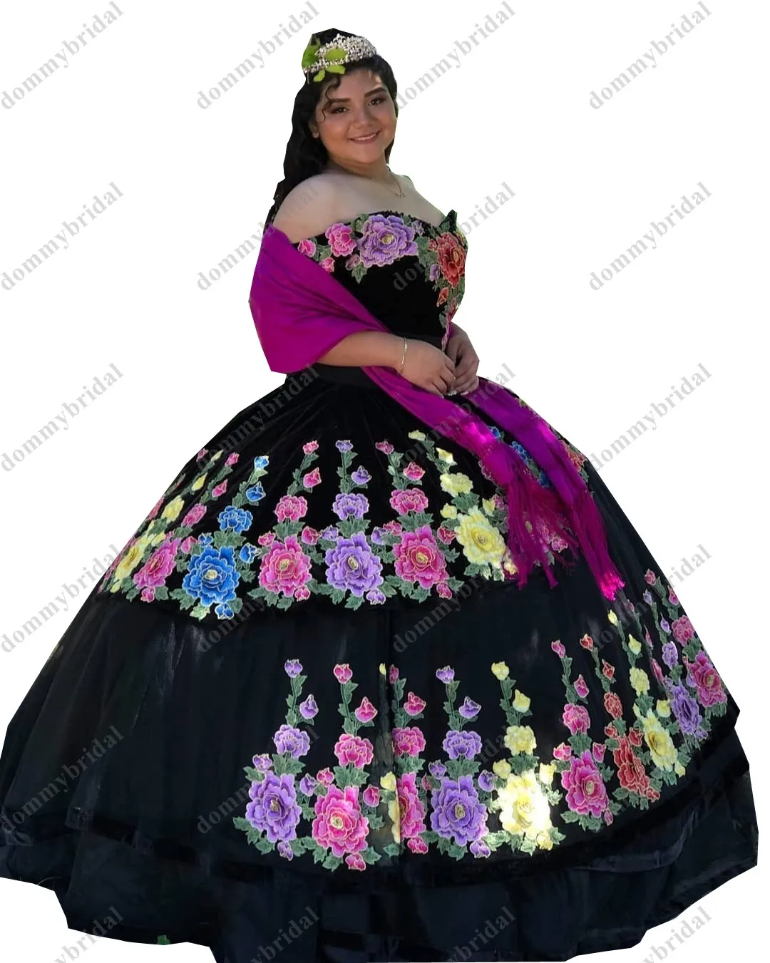 Sexy Black Velvet Ball Gown Quinceanera Prom Evening Formal Dresses Cheap  Colorful Floral Flowers Off Shoulder Plus size