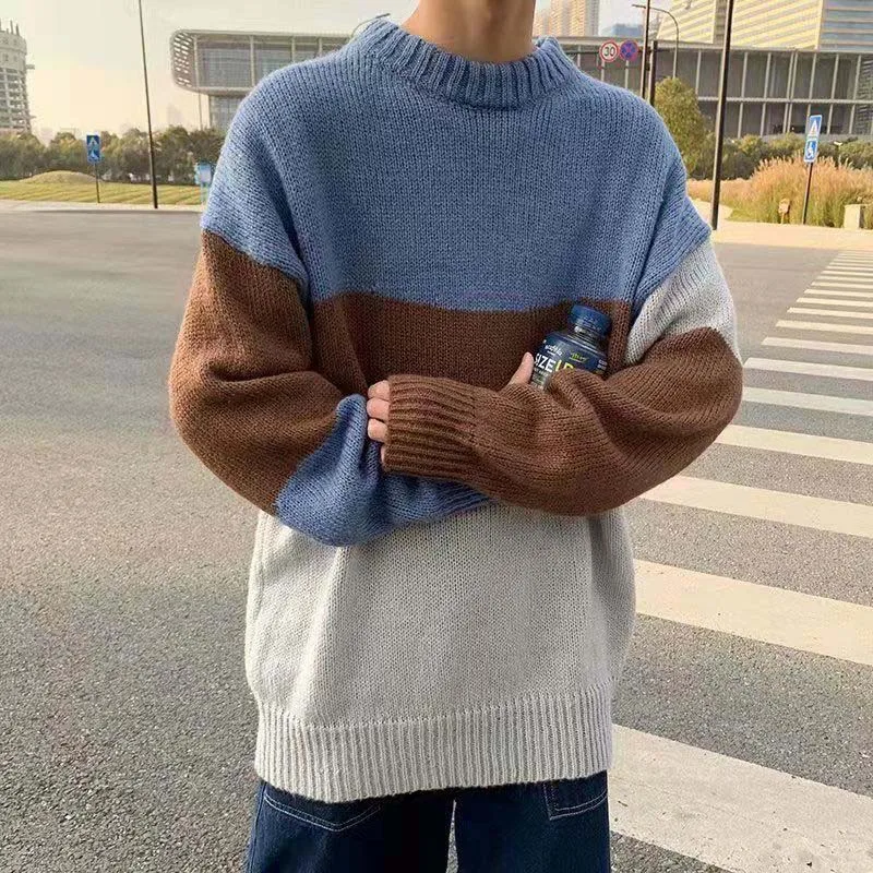 Autumn And Winter New Stripe Color Matching Round Neck Head Knit Shirt Men And Women Loose Wild Casual Bf Survassing Sweater