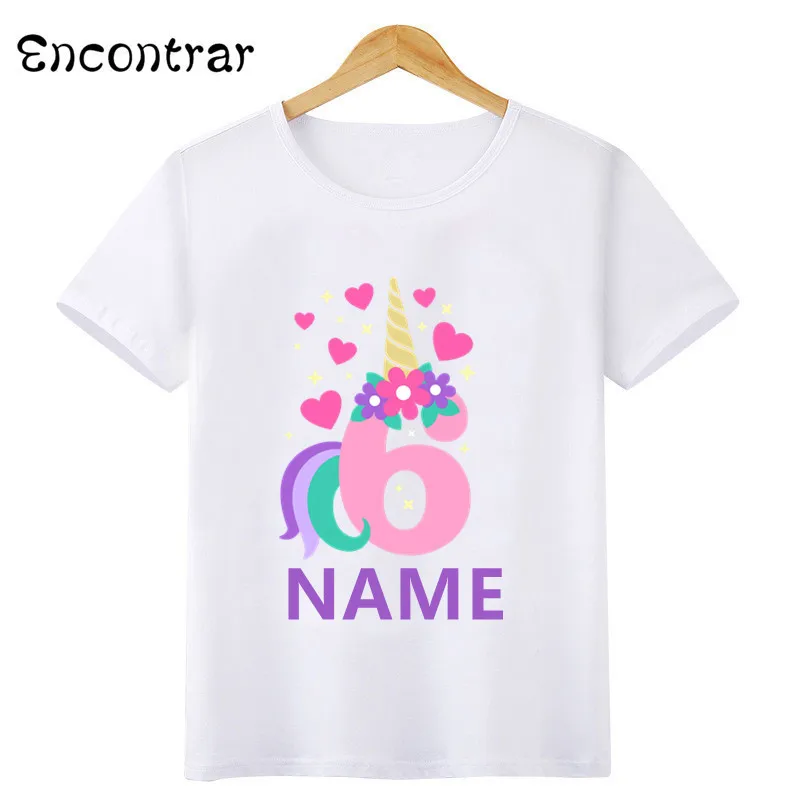 Happy Birthday Number 1-10 Bow Cute Unicorn Print Girls T shirt Customize Name Kids T-shirts Party Baby Children Tops,HKP5399