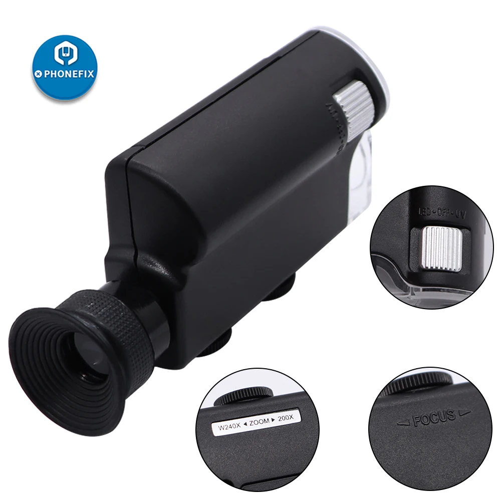 Microscope Pocket 60X -100X 200X-240X Loupe Zoom Portable LED Lamp Light Jewelry Magnifier Phone Magnifying Glass Glass Pocket