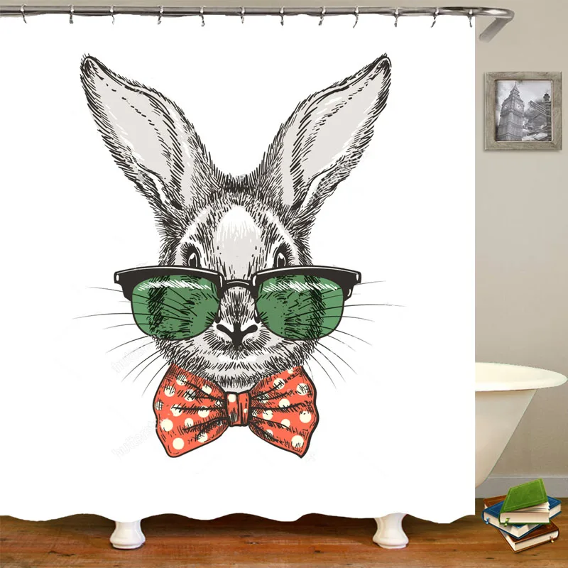 Hippie Rabbit in Glasses Bathroom Curtain Set Vintage Cute Bunny Face Shower Curtain Waterproof Doodle Sketch Decorative Fabric