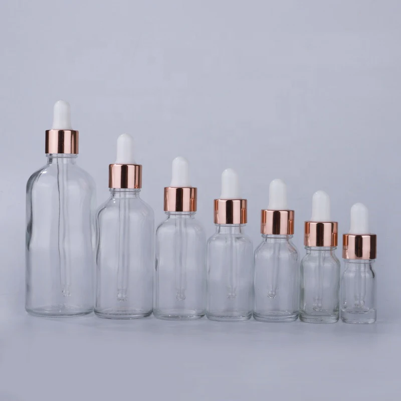 Luxury 5ml 10ml 15ml 20ml 30ml 50ml 100ml Glass Eye Dropper Bottle Clear Cosmetic Essential Oil Bottle With Rose Gold Cap