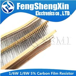 100 pièces 1/6w 1/8w (0.125w) résistance à couche de carbone laquée, 5%, 1R, 1M, 2.2R, 10R, 22R, 47R, R 100R, 150R, 470R, 1K, 4.7K, 10K, 47K, 1, 2.2, 10, 22, 47, 51, 100