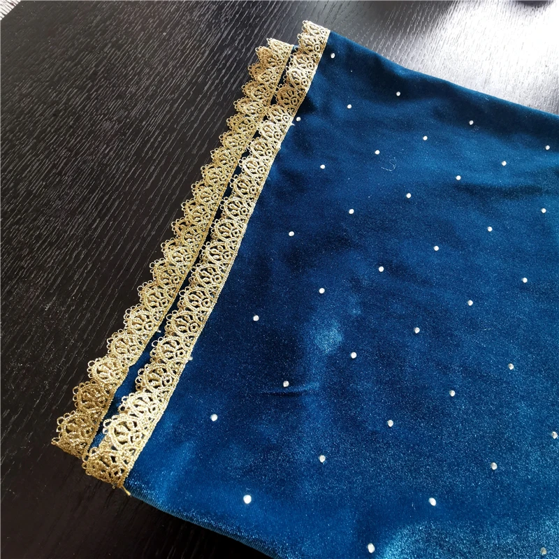 Veludo Brilhante Beading Mantilla Véus para Mulheres Da Igreja, Cobertura Da Cabeça, Missa Católica, Redonda Borda Dourada, Frisado Faísca Azul Verde