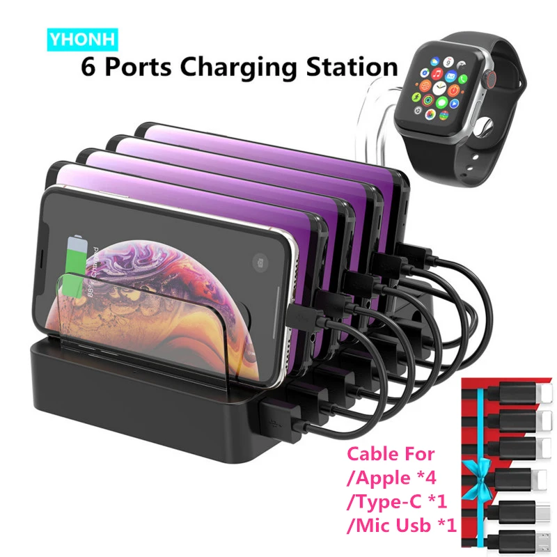 

6 USB Charger Station Dock with Holder QC3.0 Cargador Quick Charging Free USB Cable For iphone ipad PC Kindle Tablet