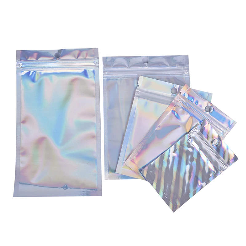 Hot！10pcs Iridescent Zip lock Pouches Cosmetic Plastic Laser Holographic Zipper Bags Self Seal Envelopes Gift Bags