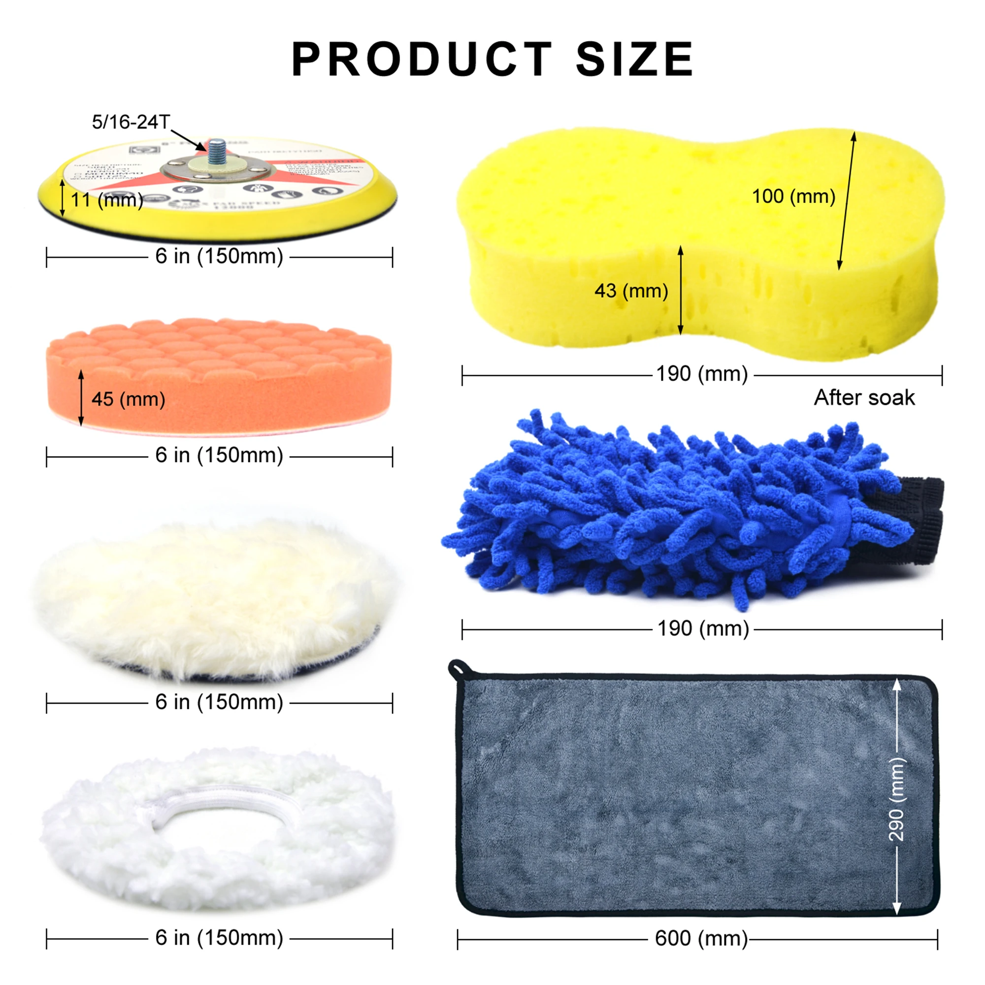 6 Inch Car Cleaning Polishing Kit 5/16”-24 Thread Backing Pad for Polisher Buffering Wool Bonnet Pad +Wash Mitt+Microfiber Towel