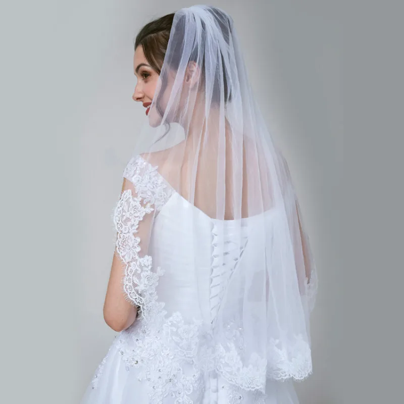 

white ivory Elbow Length Veil Applique Lace Tulle wedding veil bridal veils with comb Wedding Accessories