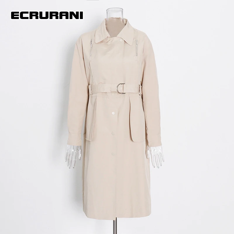 

ECRURANI Patchwork Elegant Coats For Women Lapel Collar Long Sleeve High Waist Casual Trench Females Fashion Clothing 2021 Style