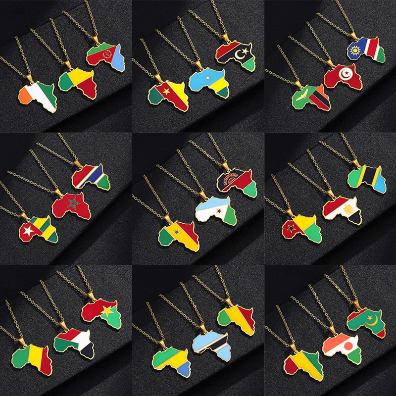 African Map Flag Pendant Necklace Stainless Steel Men Women Rwanda Sudan Uganda Zimbabwe Zambia Ethnic Maps Jewelry Gift