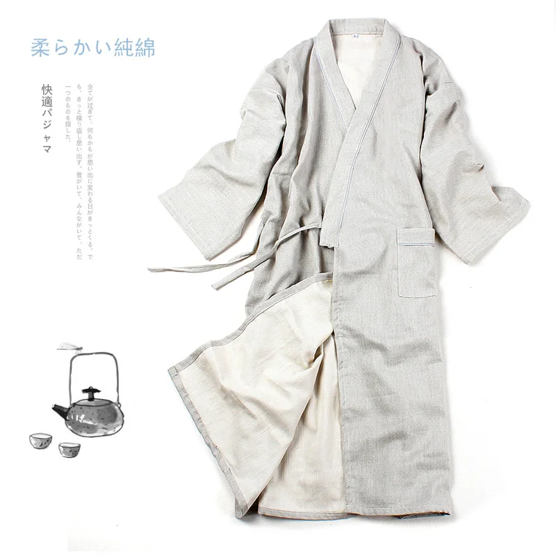 Japanese Style Traditional Soft Cotton Linen Loose Robe Pajamas Kimono Long Bathrobe Gown Sleepwear Vintage Ethnic Home Clothes