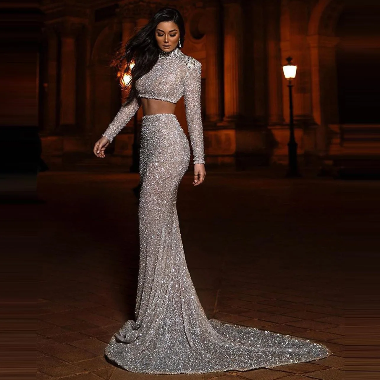 Silver Sequins Beaded Two Pieces Evening Formal Event Dresses Sheath Long Sleeves With Court Train Dubai Prom Party Long Gowns