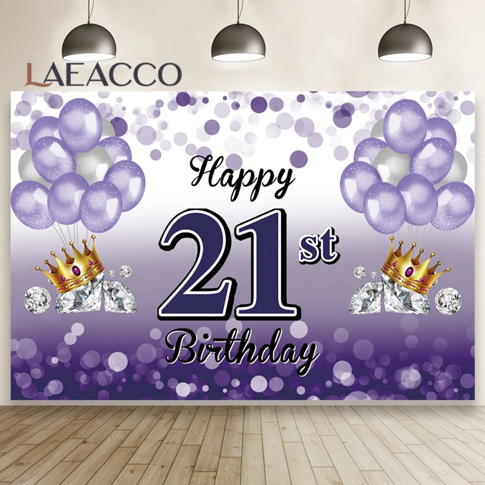 Blue Backdrops For Photography 21st Birthday Party Balloons Diamond Crown Polka Dots Customized Poster Portrait Photo Background