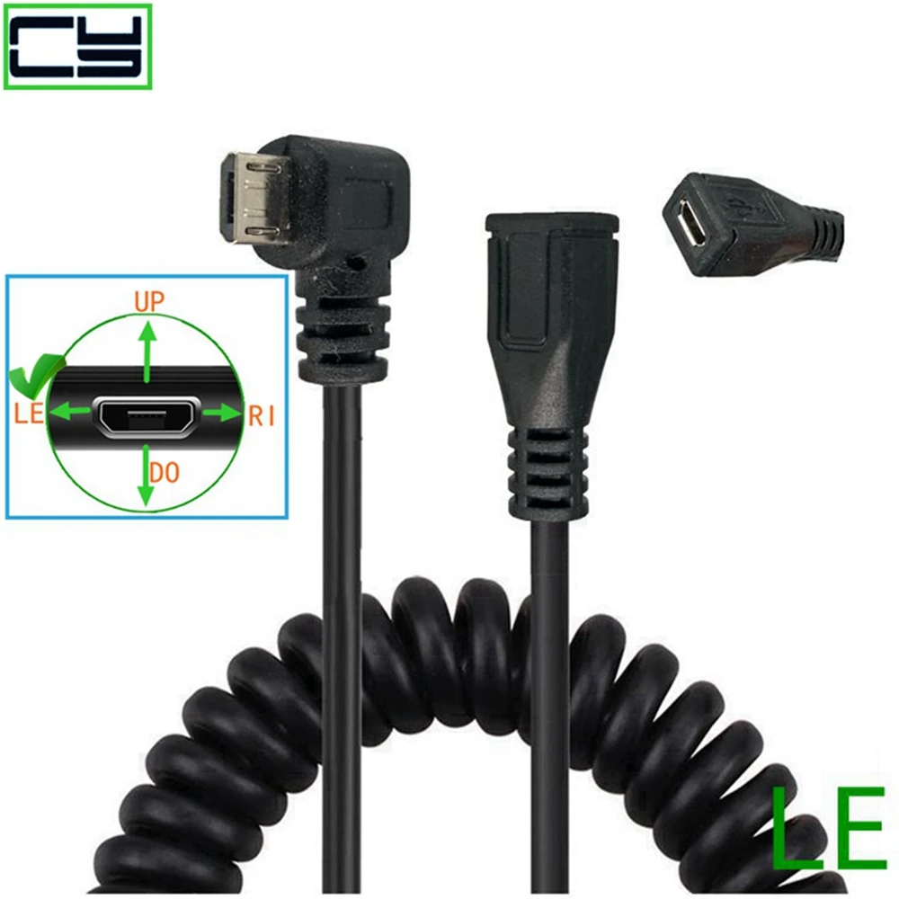 Micro USB Left & Right Angle 90 Degree Male to Female Cable Spring Data Extension Line 50CM