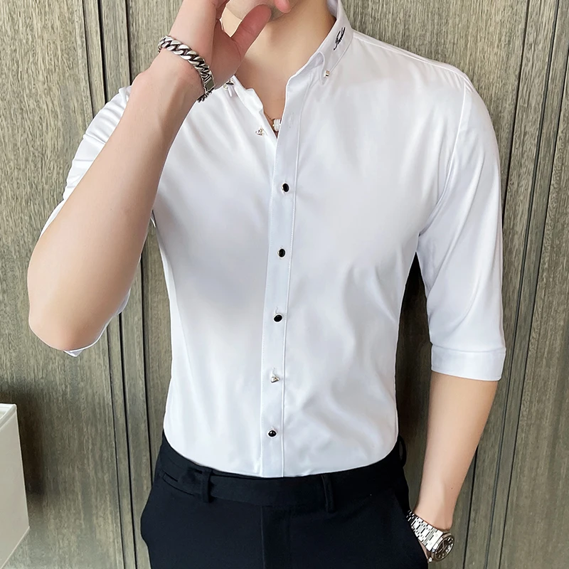 

Plus Size 4XL-M Summer Half Sleeve Solid Shirts Men Clothing 2023 Simple Embroidery Collar Slim Fit Business Formal Wear Blouses