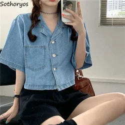 Retro Denim Short Sleeve Shirts Women Casual Straight Crop Tops Female Pockets Chic Designer Baggy French Vintage High Street OL