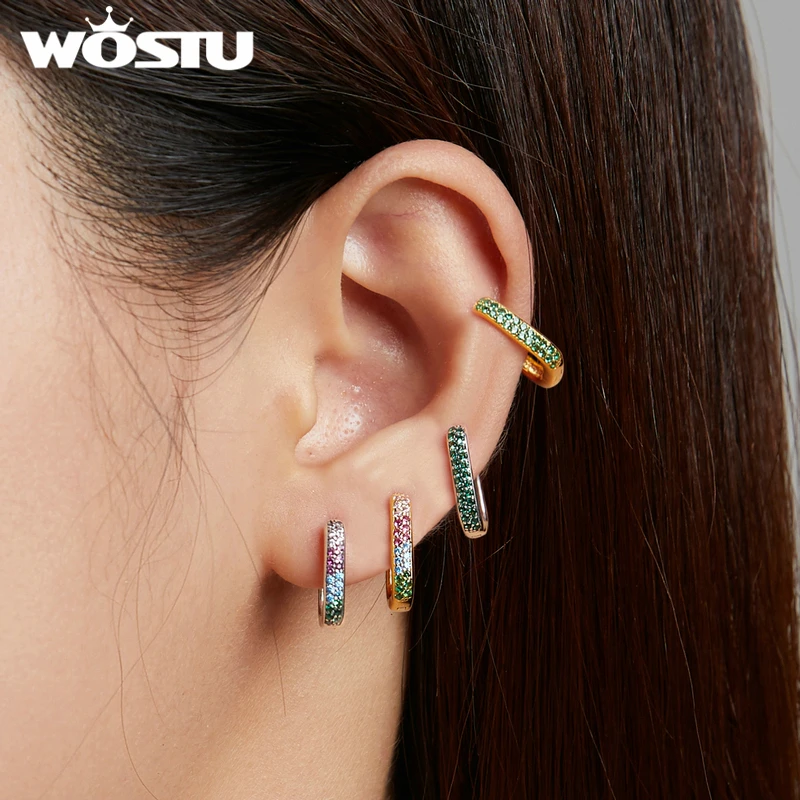 WOSTU 925 Sterling Silver Colorful Zircons Square Ear Buckles Hoop Earrings For Women Fashion Jewelry Gift CQE1218