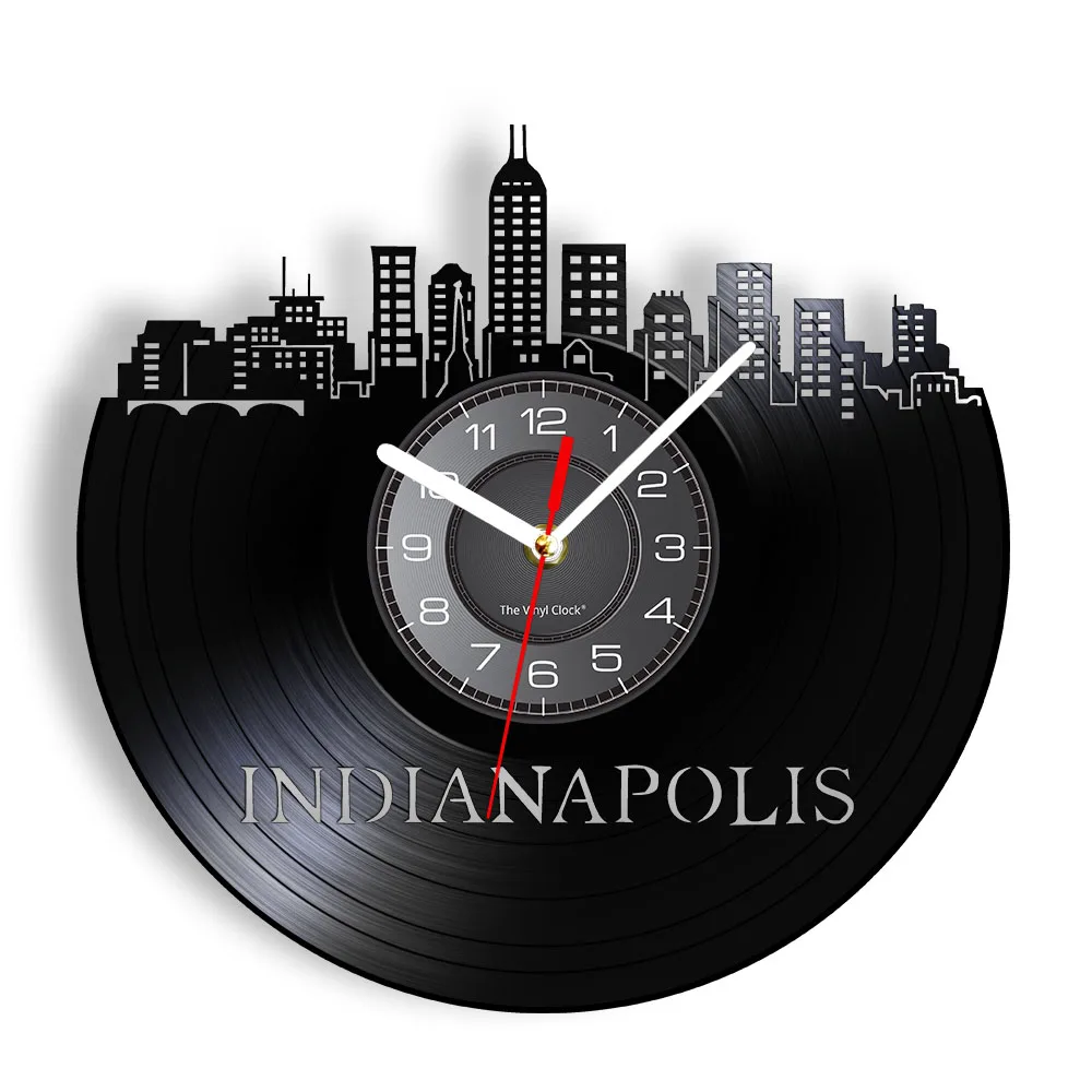 Indianapolis Skyline Longplay Record Wall Clock Hoosier State Vintage Indy Cityscapes Home Decor Vinyl Silent Non Ticking Clock
