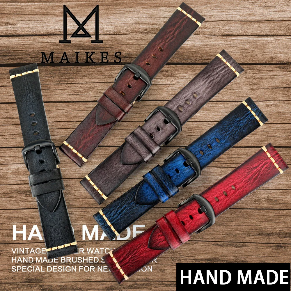 MAIKES Handmade Cow Leather Watch Strap 7 Colors Available Vintage Watch Band 20mm 22mm 24mm For Panerai Citizen Casio SEIKO