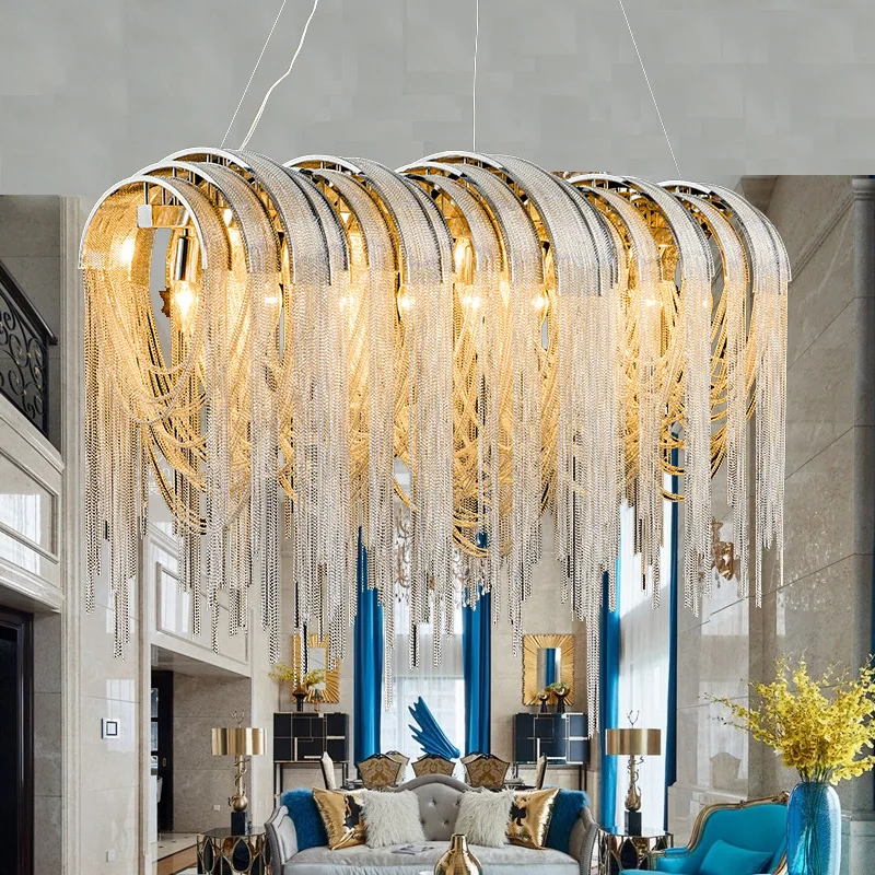 Post Modern Arch Aluminum Chain Chandelier Suspended Ring Light Shadow Hotel Club Living Room Dining Room Tassel Chandelier