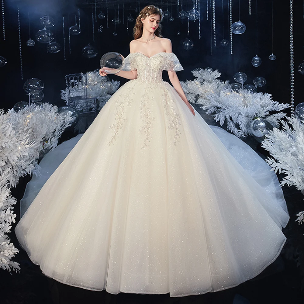 

Robe De Soiree De Mariage Tulle Ball Gown Wedding Dresses with Veil Sequined Beading Vestidos De Novia Luxury Gelinlik