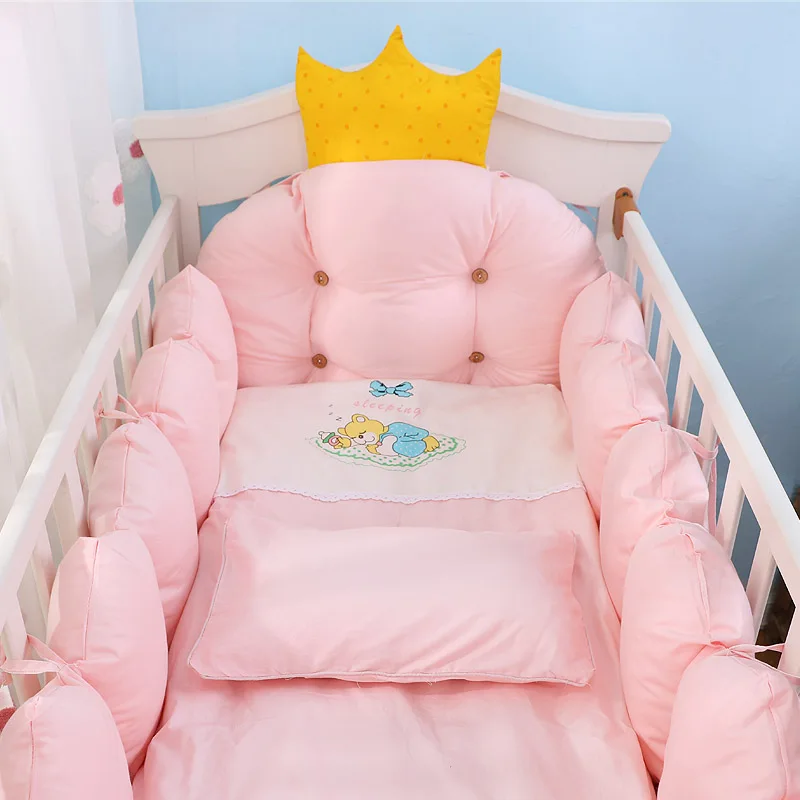 100% Cotton Crib Bed Linen Kit,Crown Design Baby Crib Bedding Set,Baby Bedding Set Includes Bumpers+Pillow+Quilt+Mattress cover