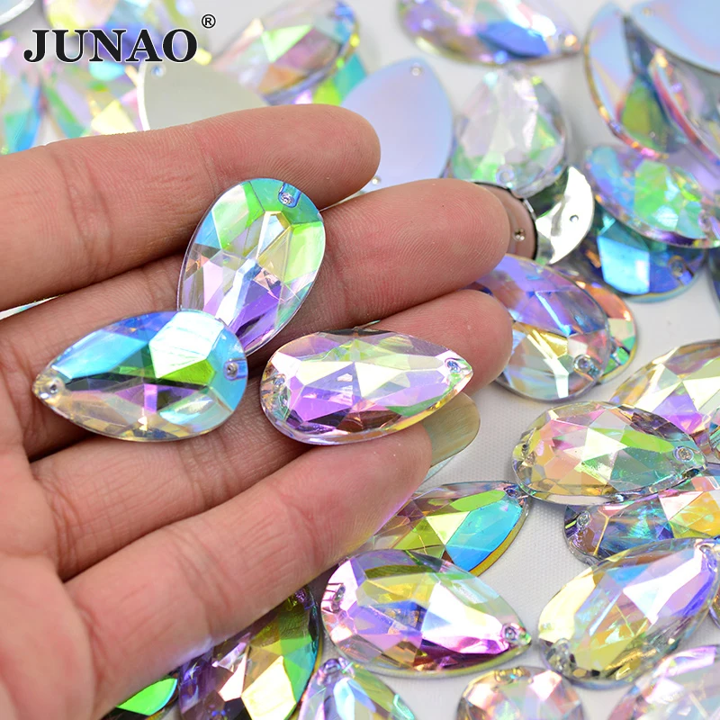 JUNAO 100pcs 17x28mm Flatback AB Crystal Sew On Rhinestones Drop Acrylic Crystal Strass Sewing Stone Applique Ornaments Jewelry