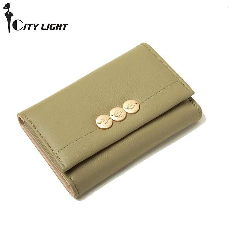 

Women Medium Wallet Brand Card Holder Designer Leaf Hasp PU Leather High Capacity Purse Three Fold with Coin Bag