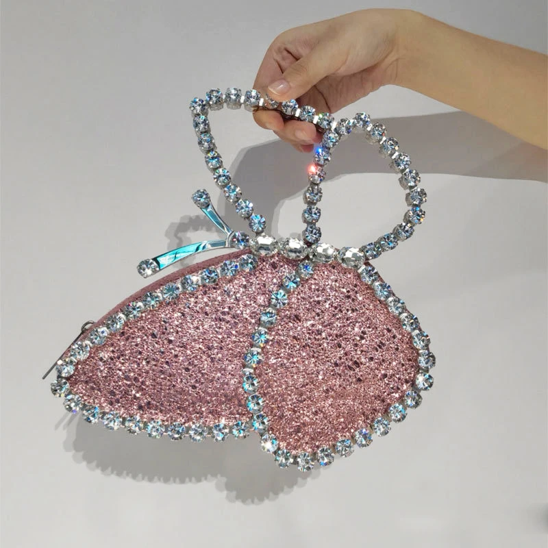 White Rhinestone Pink Butterfly Wedding Evening Clutches New Arrival Fashion Women Lady Party Prom Purses Dinner Handbag Bags