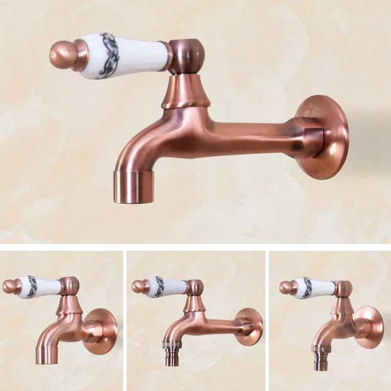 Antique Red Copper Wall Mount Outdoor Faucet Garden Bibcock Tap Ceramic Handle Bathroom Washing Machine /mop Faucet KD081