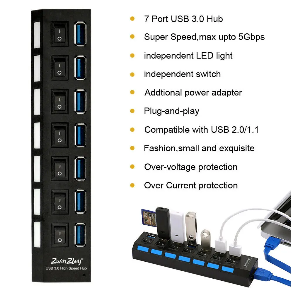 7 Port USB 3,0 HUB High Speed Splitter Expansion Adapter PC Laptop PS4 w/Schalter Verwenden Power Adapter computer zubehör für pc