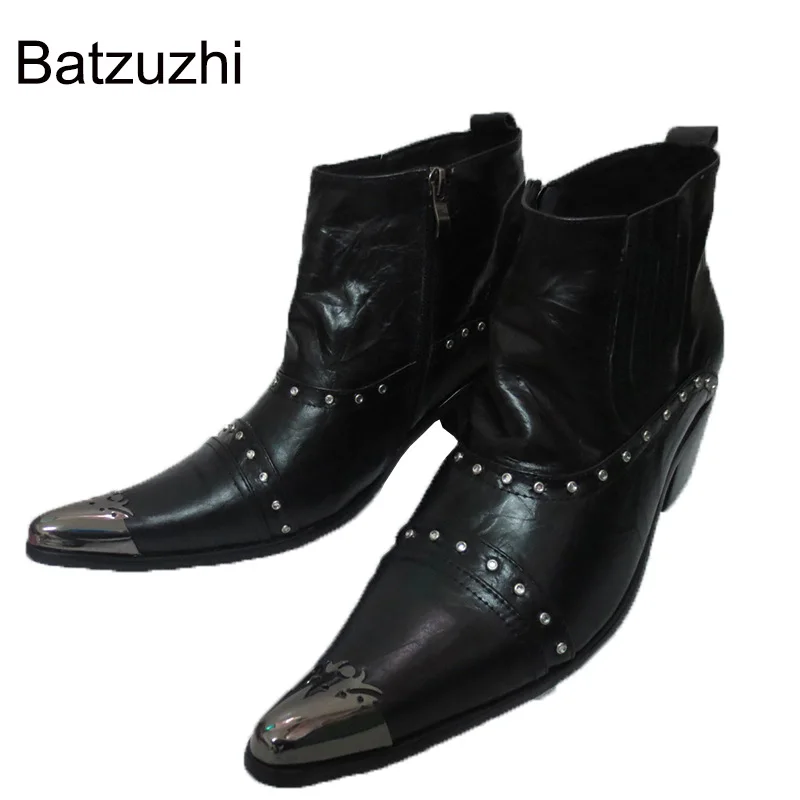 

Batzuzhi Japanese Style ROCK High Help Man Boots Pointed Toe Boots Man Leather Boots Black for Men Bota Masculina, EU48-46