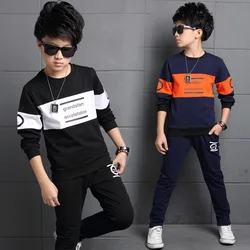 Conjunto de camiseta listrada de algodão infantil com calças compridas, traje de treino de veludo masculino, outono, inverno, 8, 10, 12 anos, 2 peças, 2022