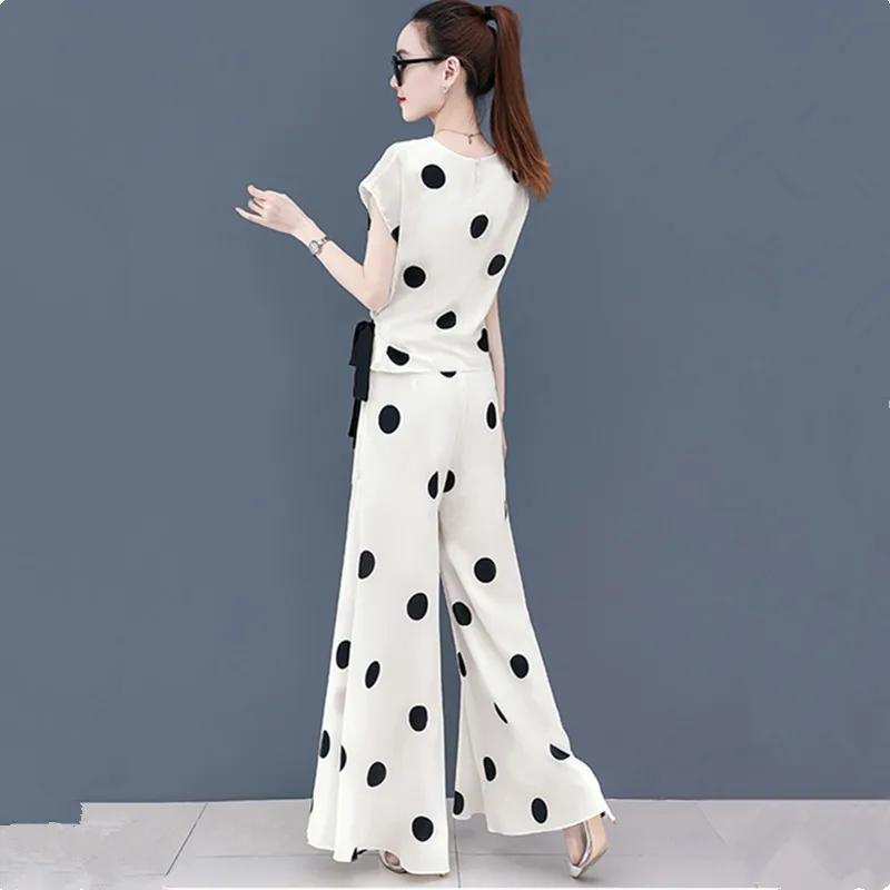 Uhytgf Twee Peice Set Voor Vrouwen 2023 Mode Chiffon Zomerpak Vrouwen Polka Dot Split Wijde Benen Rok Broek Dunne 2 Delige Set 946