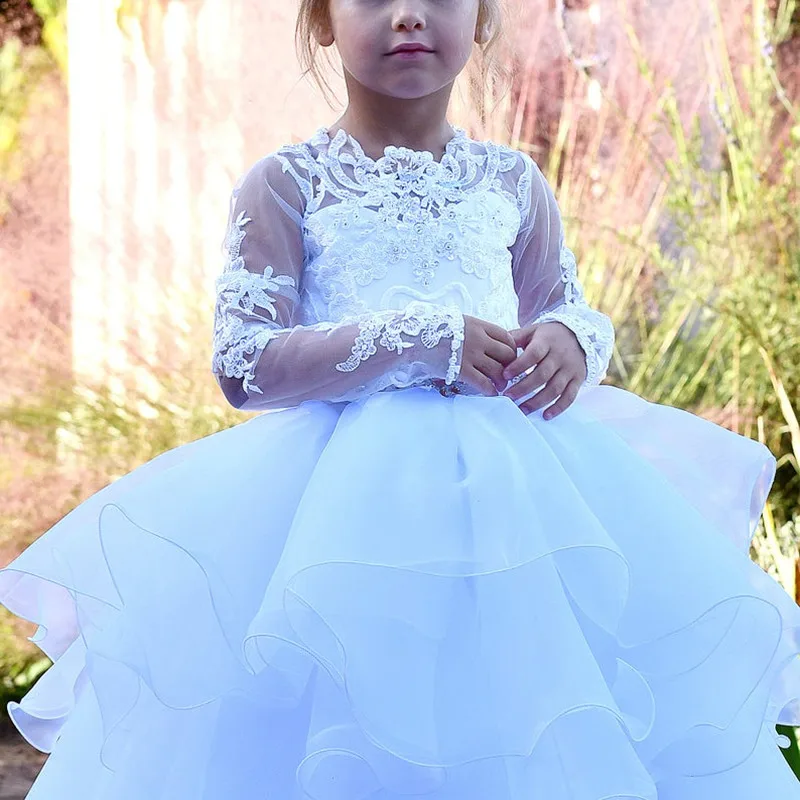 Vestidos blancos formales de flores hinchadas para niñas, joya de boda, manga larga de encaje, vestidos de fiesta de princesa, vestido de primera comunión escalonado