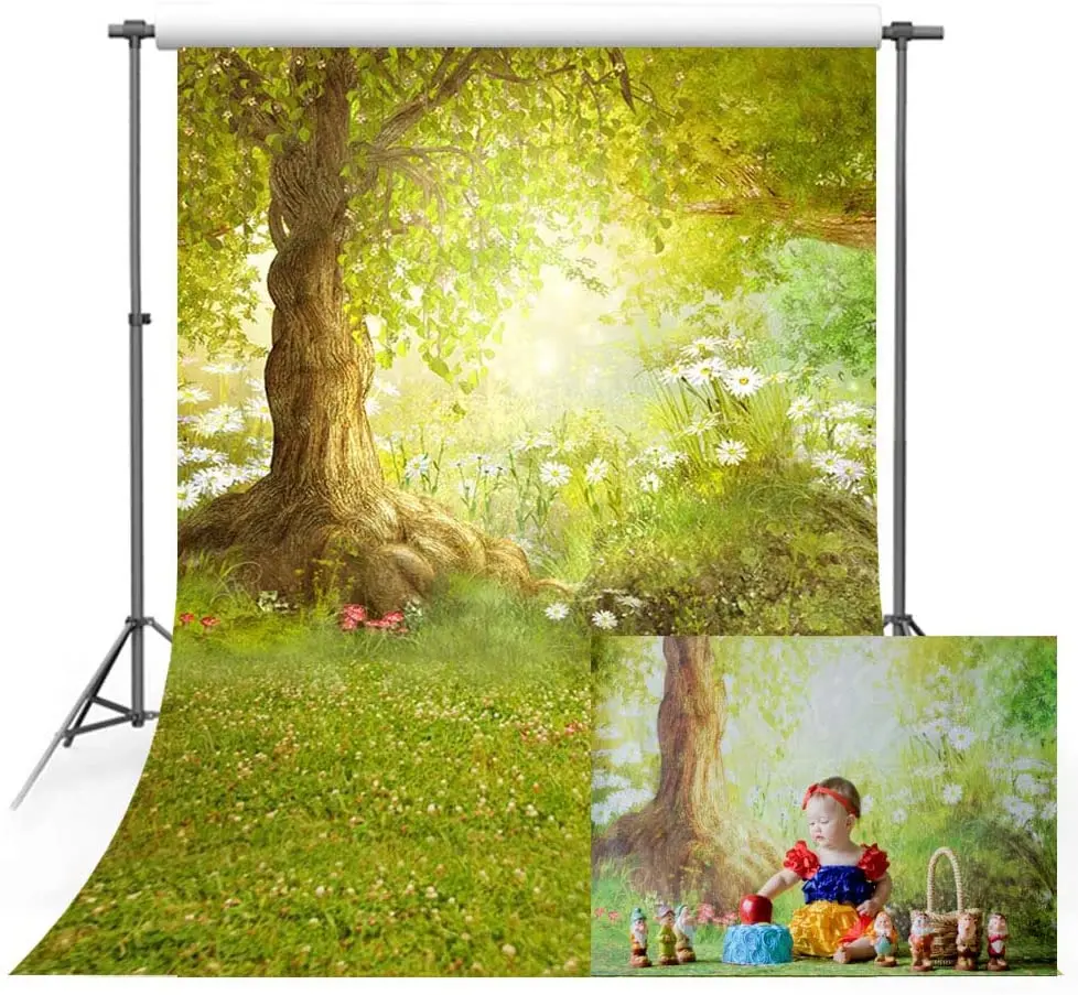 Mehofond Spring Photography Backdrop Easter Woodland Big Tree Meadow Grass White Flower Fairy Tale Photo Studio Booth Background