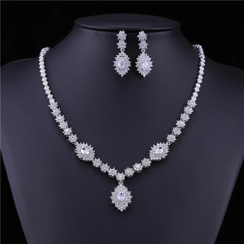 HUAMI Classic Water Drop Earrings Pendant Necklace Sets for Women Jewelry Luxury Material Silver Color Shine Zircon Wedding