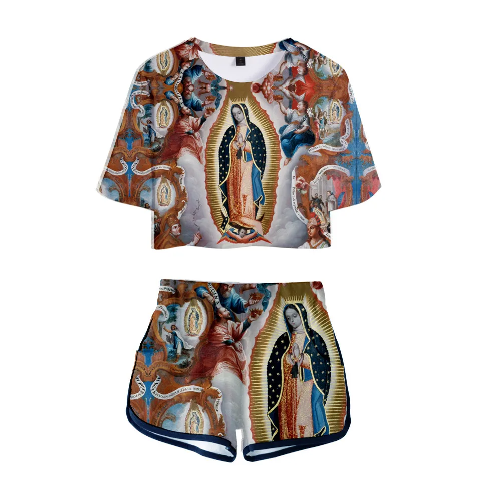 

Немецкий Diego De Guadalupe, 3D футболка Девы Марии, женский спортивный костюм, комплект из 2 предметов, укороченные топы и шорты, повседневный комплект шорт для косплея