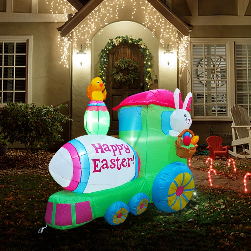 Lapin gonflable de pâques, 4.9 pieds, Train de conduite, voiture de divertissement, jouets d'intérieur et d'extérieur éclairés par LED, décoration de pelouse de cour