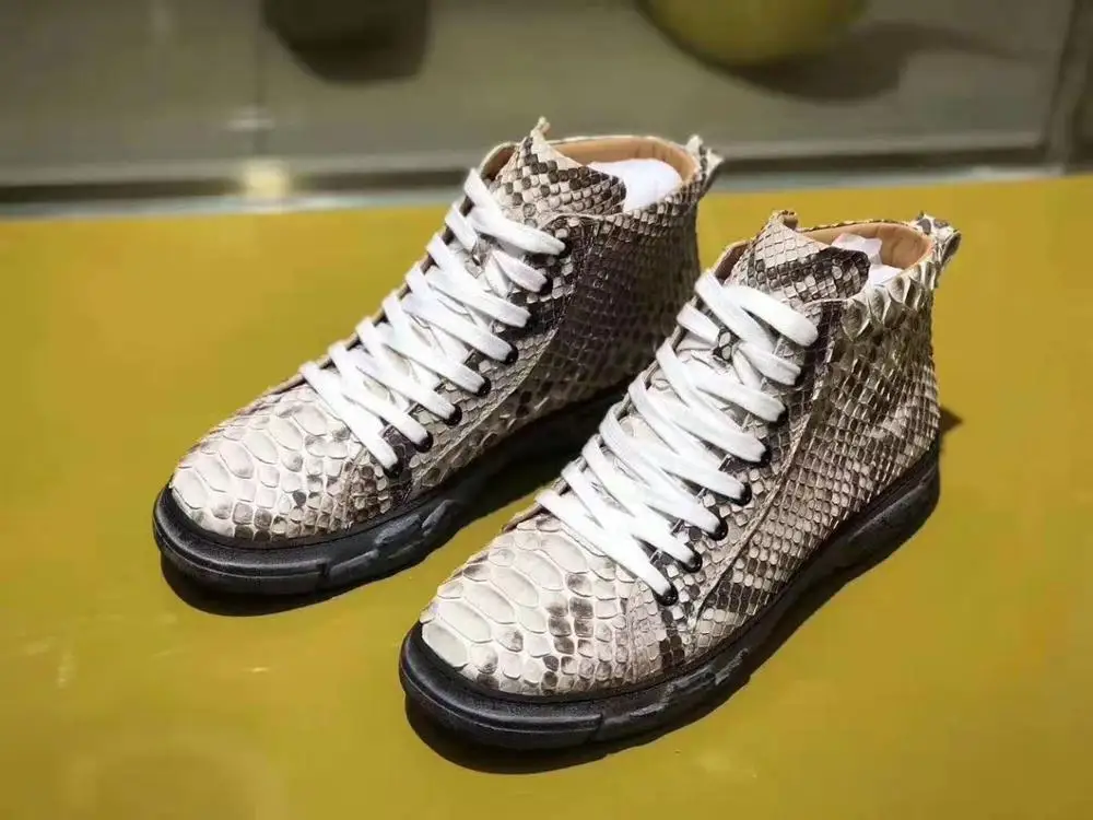 

Real Genuine python skin leather men fashion shoe winter boots leisure shoe with cow lining beige color original python skin