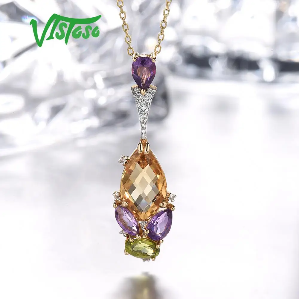 VISTOSO 14 Puro K Ouro Amarelo Citrino Ametista Peridoto Pingente Para Lady límpido Brilhante Pingente de Diamante Elegante Do Partido Fine Jewelry