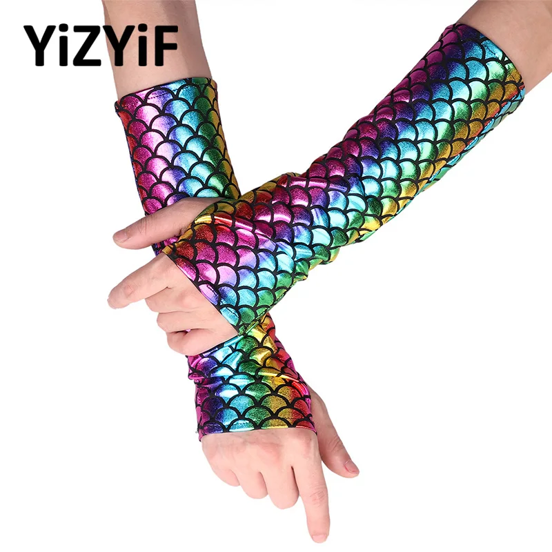 YiZYiF Mermaid Arm Sleeves Glove Fish Scale Pattern Printed Fingerless Long Gloves Arm Sleeves Adult Halloween Costume Accessory