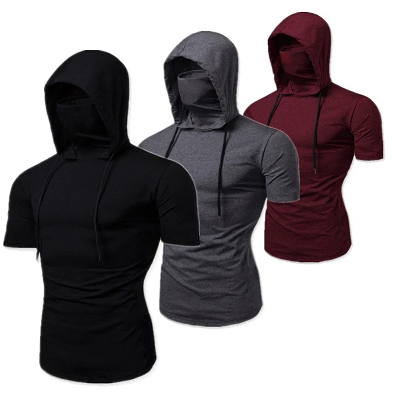 Fashion Short-Sleeved Mask Hooded T Shirt Men Casual Elastic Solid Fitness Tshirt Hip Hop Slim Fit Male T-shirt Streetwear S-2XL