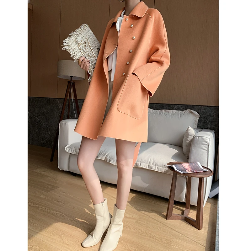 Autumn Winter Coat Women 100% Wool Coat Female Long Jackets Korean Spring Elegant Woolen Jacket Black Belt Overcoat 1992