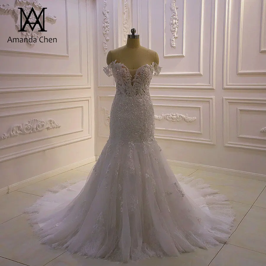 High Quality Custom Made Off Shoulder Mermaid Sheer Wedding Dress